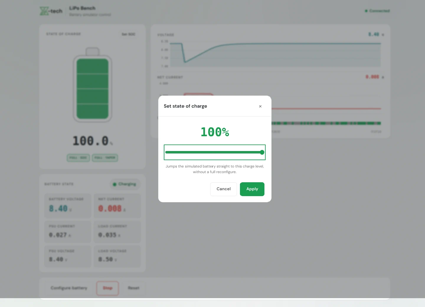 Battery simulator interface with the state-of-charge control open for selecting a repeatable test starting point